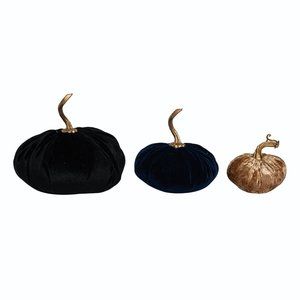 Halloween Black Blue Gold Pumpkin Set 3 Velvet Fabric Plush Fall Decor 4-6"